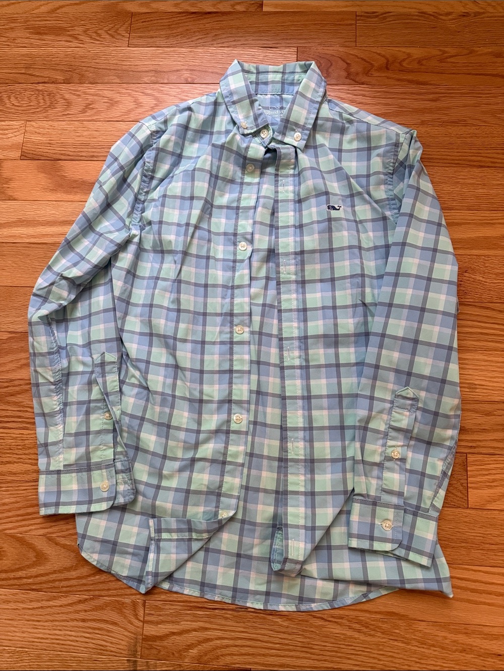 Vineyard Vines Light Blue and Mint Green Plaid Button-Down Shirt